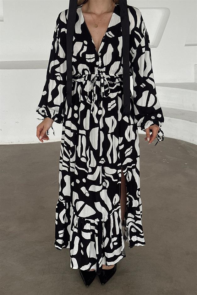 V-Neck Slit Detail Patterned Dress BLACK 9350-E