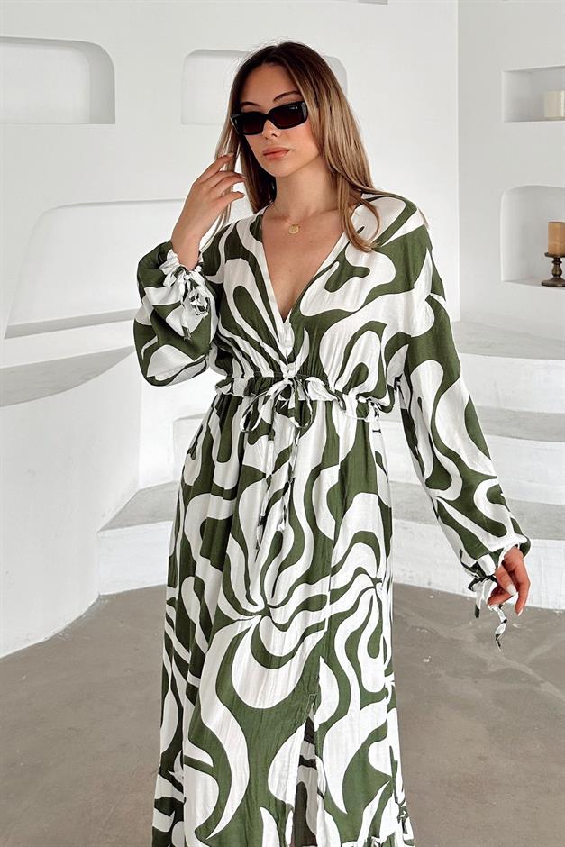 V-Neck Slit Detail Patterned Dress DRAB 9350-E