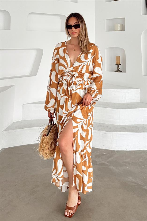 V-Neck Slit Detail Patterned Dress CAMEL 9350-E