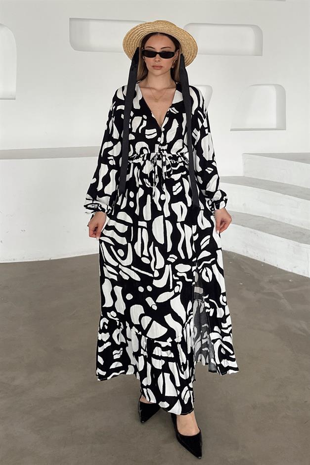 V-Neck Slit Detail Patterned Dress BLACK 9350-E