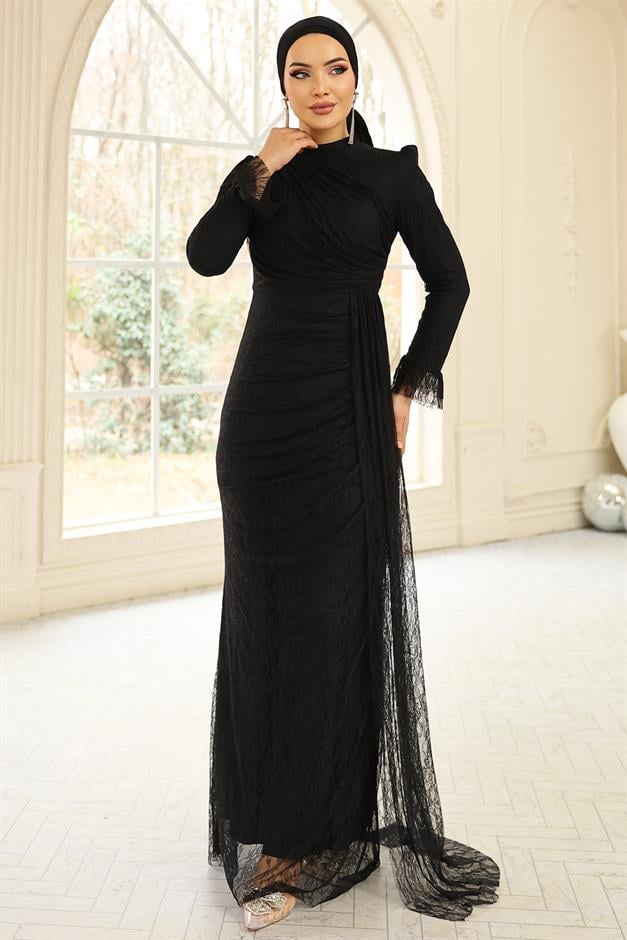 Volan Detaylı Dantel Tesettür Abiye Elbise SİYAH 1251