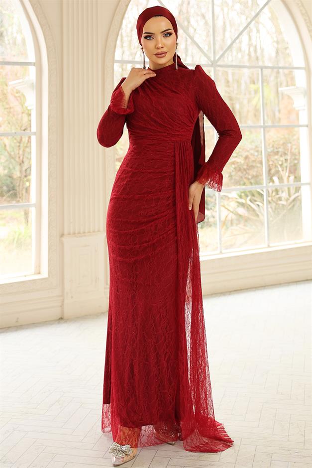 Volan Detaylı Dantel Tesettür Abiye Elbise BORDO 1251