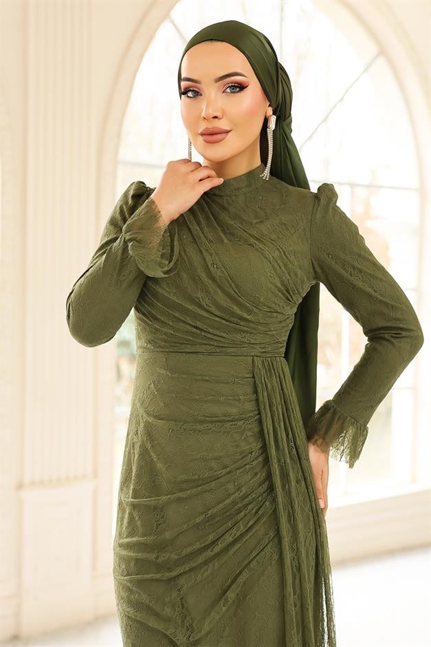 Volan Detaylı Dantel Tesettür Abiye Elbise YEŞİL 1251