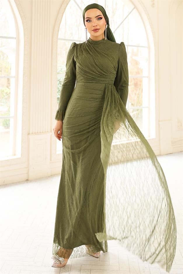 Volan Detaylı Dantel Tesettür Abiye Elbise YEŞİL 1251