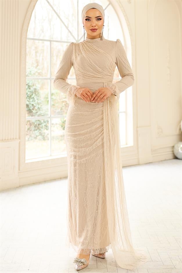 Volan Detaylı Dantel Tesettür Abiye Elbise KREM 1251