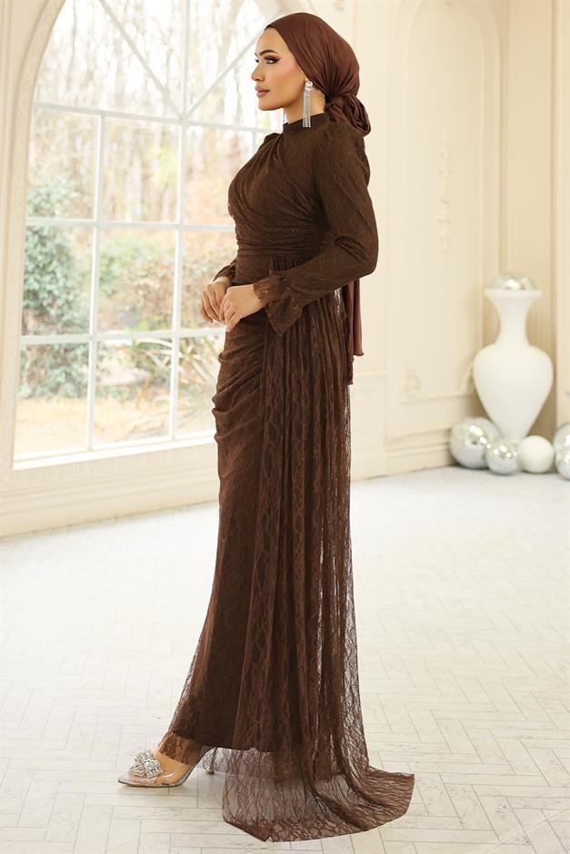 Volan Detaylı Dantel Tesettür Abiye Elbise KAHVE 1251