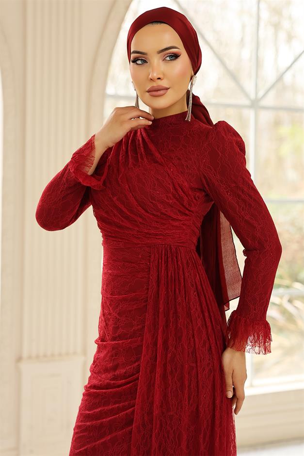 Volan Detaylı Dantel Tesettür Abiye Elbise BORDO 1251