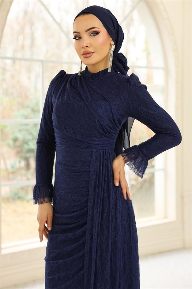 Volan Detaylı Dantel Tesettür Abiye Elbise LACİVERT 1251