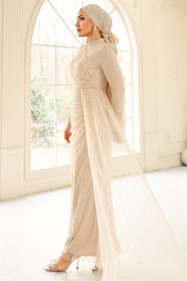 Volan Detaylı Dantel Tesettür Abiye Elbise KREM 1251
