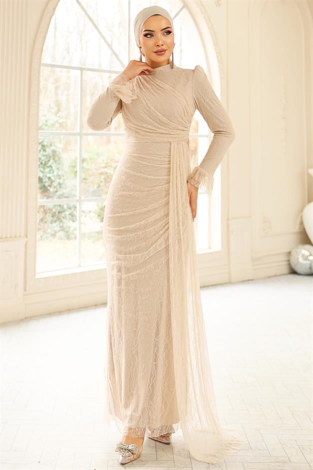 Volan Detaylı Dantel Tesettür Abiye Elbise KREM 1251