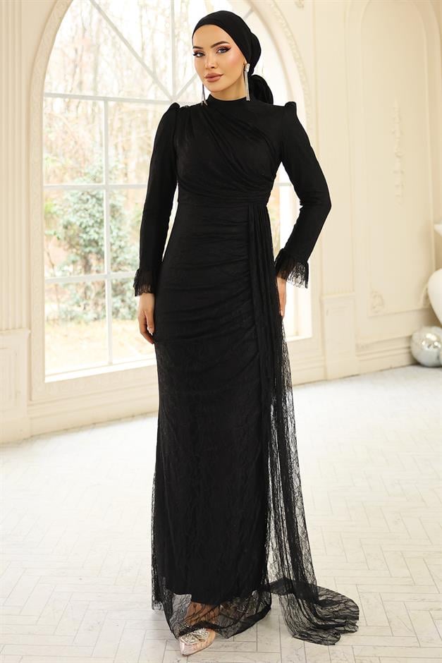 Volan Detaylı Dantel Tesettür Abiye Elbise SİYAH 1251