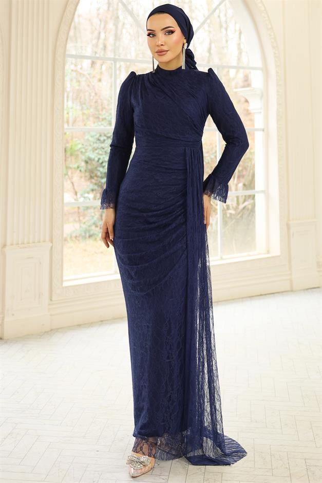 Volan Detaylı Dantel Tesettür Abiye Elbise LACİVERT 1251