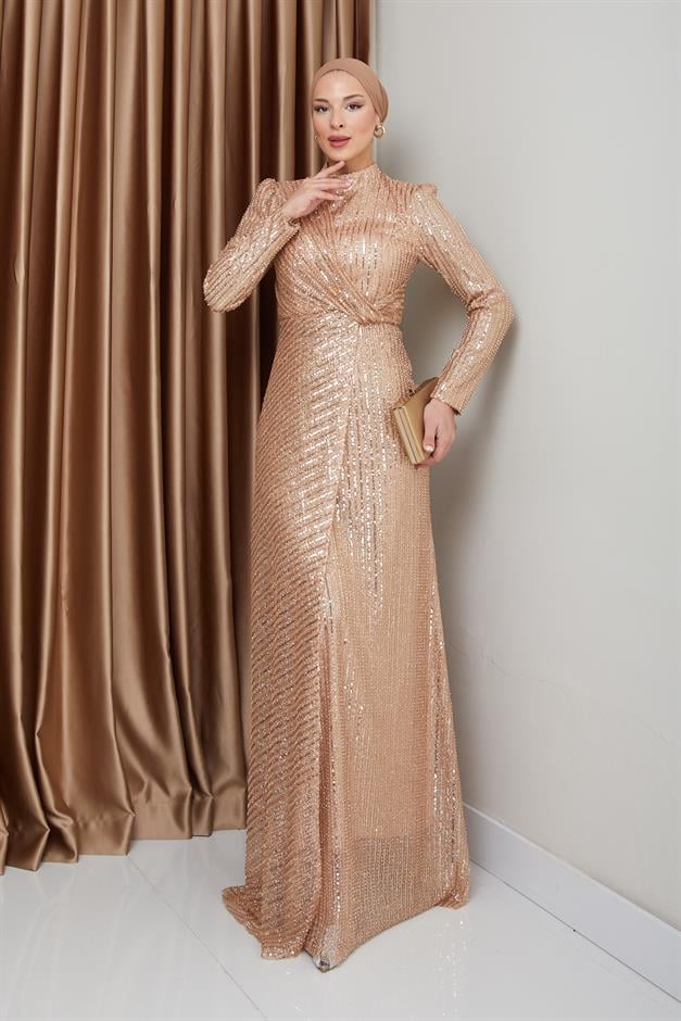 فستان سهرة حجابي مزين بالترتر مع تفاصيل كشكشة كامل 1677