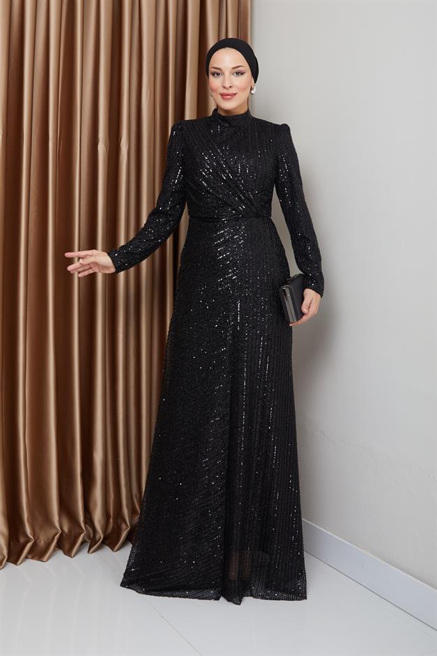 فستان سهرة حجابي مزين بالترتر مع تفاصيل كشكشة أسود 1677