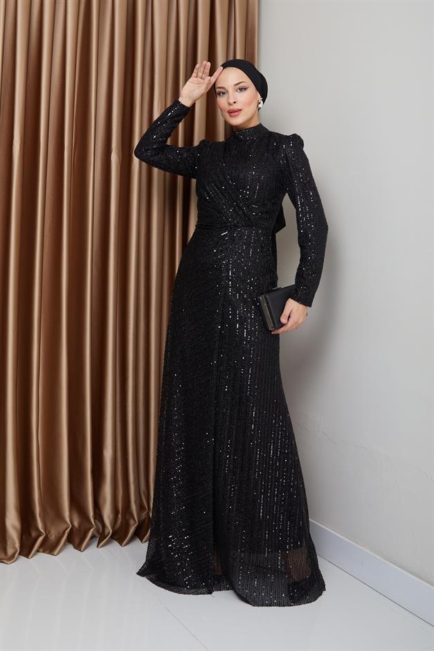فستان سهرة حجابي مزين بالترتر مع تفاصيل كشكشة أسود 1677