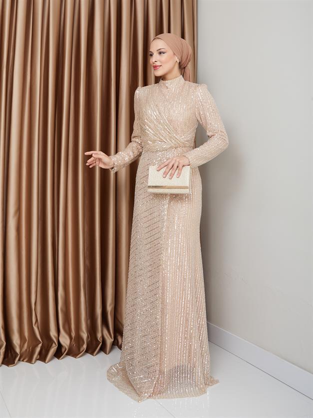 فستان سهرة حجابي مزين بالترتر مع تفاصيل كشكشة يفعل 1677