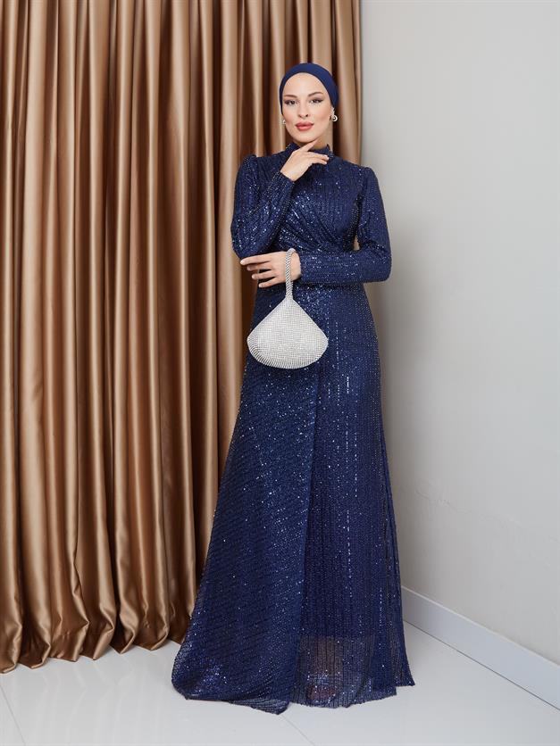 فستان سهرة حجابي مزين بالترتر مع تفاصيل كشكشة الأزرق الداكن 1677