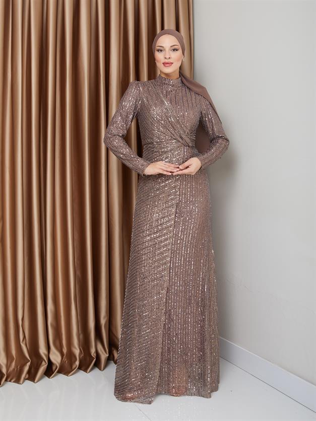 فستان سهرة حجابي مزين بالترتر مع تفاصيل كشكشة أ. القهوة 1677