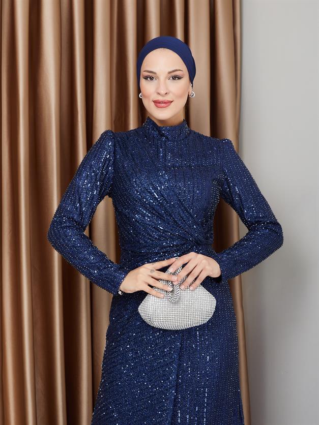 فستان سهرة حجابي مزين بالترتر مع تفاصيل كشكشة الأزرق الداكن 1677
