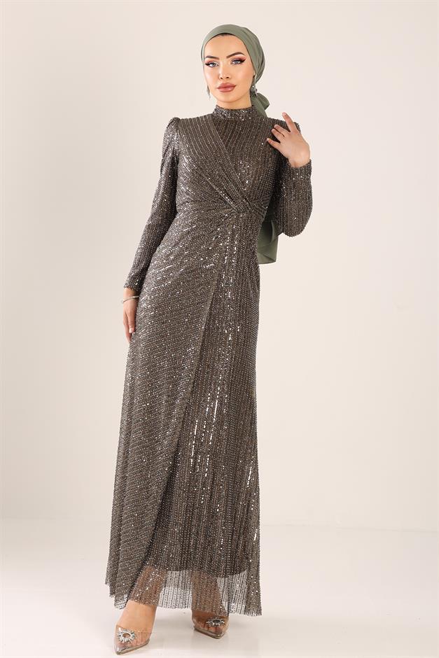 فستان سهرة حجابي مزين بالترتر مع تفاصيل كشكشة قهوة 1677
