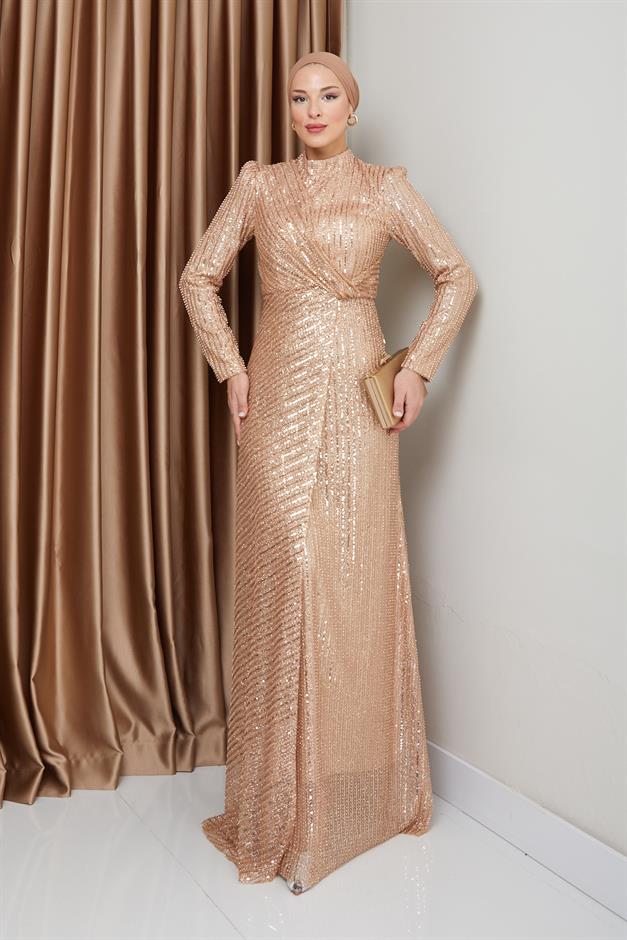 فستان سهرة حجابي مزين بالترتر مع تفاصيل كشكشة كامل 1677