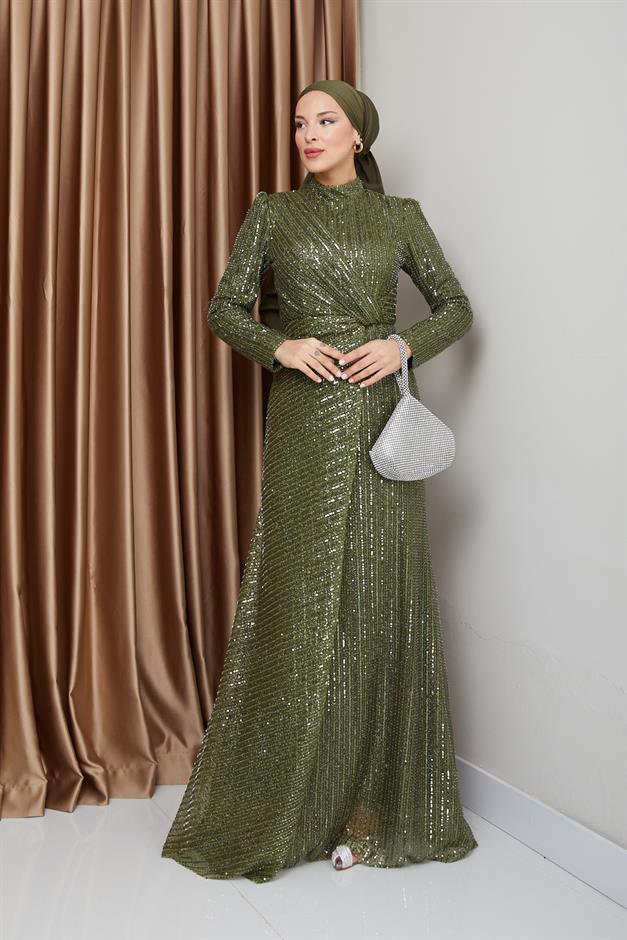 فستان سهرة حجابي مزين بالترتر مع تفاصيل كشكشة أخضر 1677