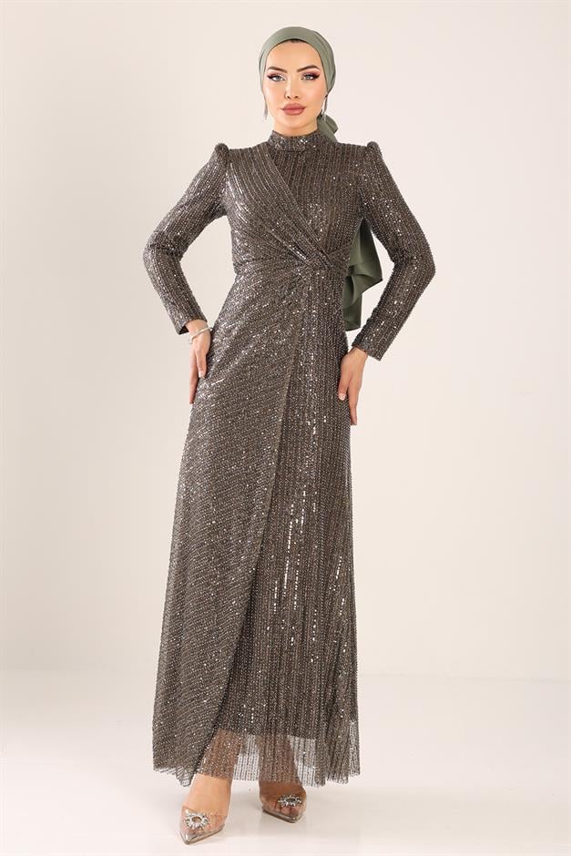 فستان سهرة حجابي مزين بالترتر مع تفاصيل كشكشة قهوة 1677