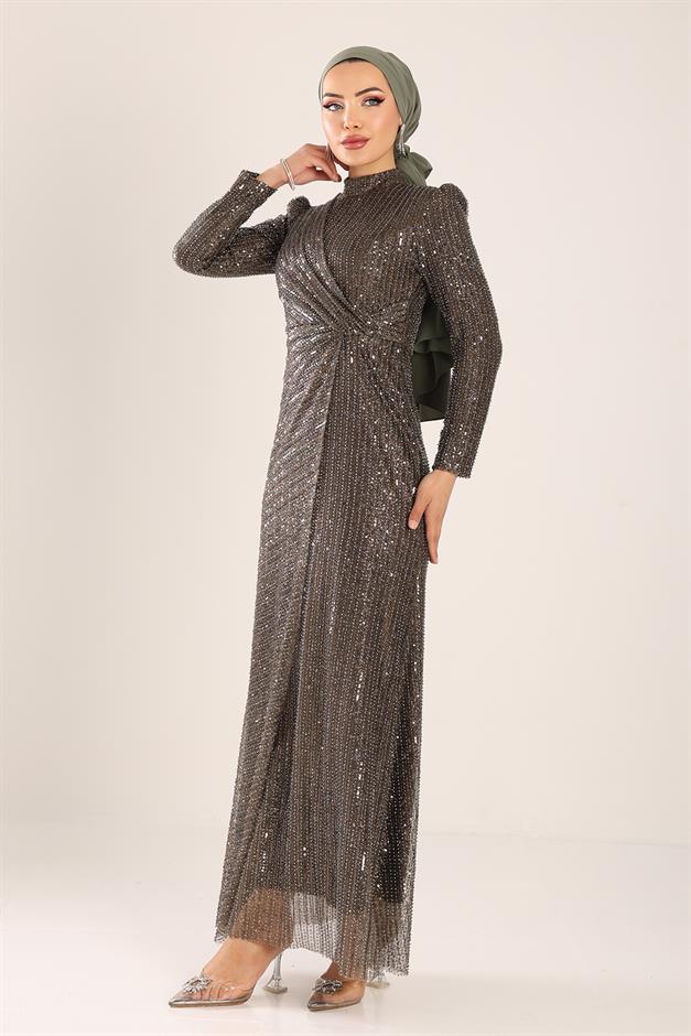 فستان سهرة حجابي مزين بالترتر مع تفاصيل كشكشة قهوة 1677