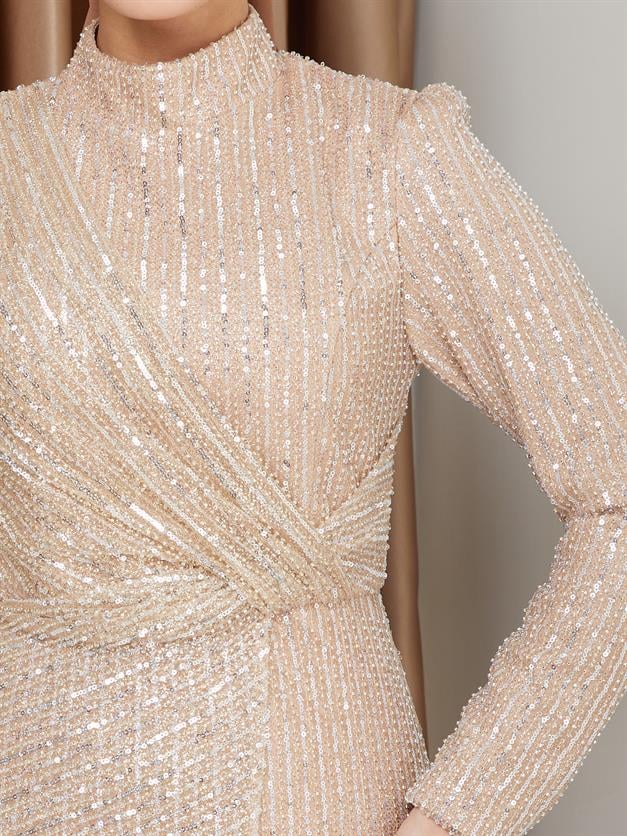 فستان سهرة حجابي مزين بالترتر مع تفاصيل كشكشة يفعل 1677