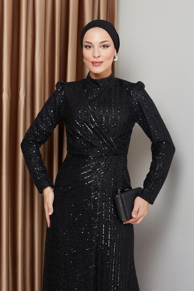 فستان سهرة حجابي مزين بالترتر مع تفاصيل كشكشة أسود 1677