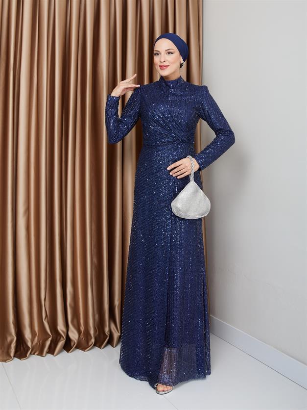 فستان سهرة حجابي مزين بالترتر مع تفاصيل كشكشة الأزرق الداكن 1677