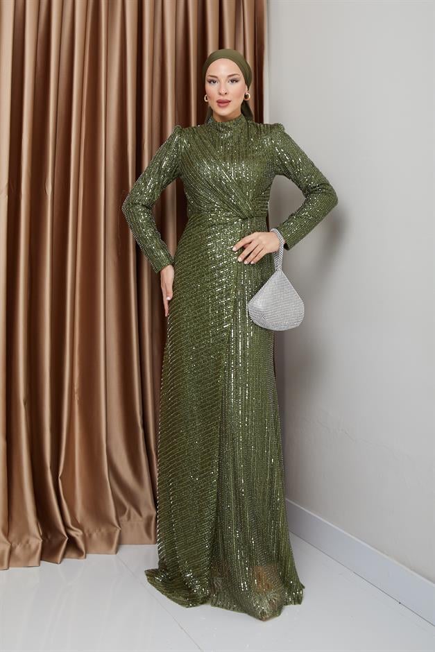 فستان سهرة حجابي مزين بالترتر مع تفاصيل كشكشة أخضر 1677
