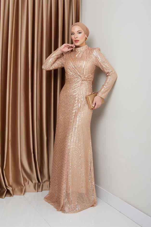 فستان سهرة حجابي مزين بالترتر مع تفاصيل كشكشة كامل 1677