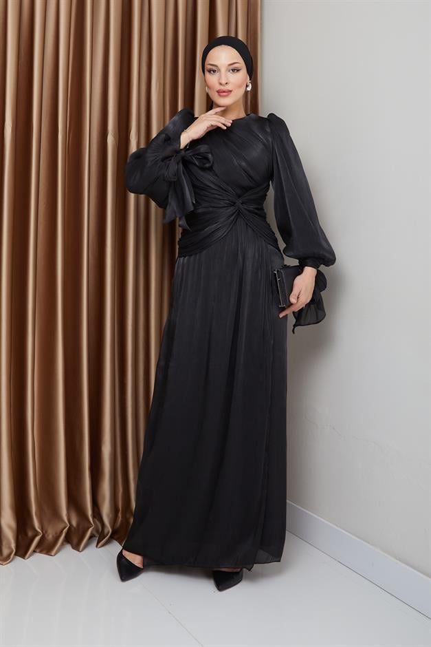 فستان سهرة حرير من يوريو للحجاب مع كشكشة وربطة عنق على شكل فتحة للذراع أسود 1224