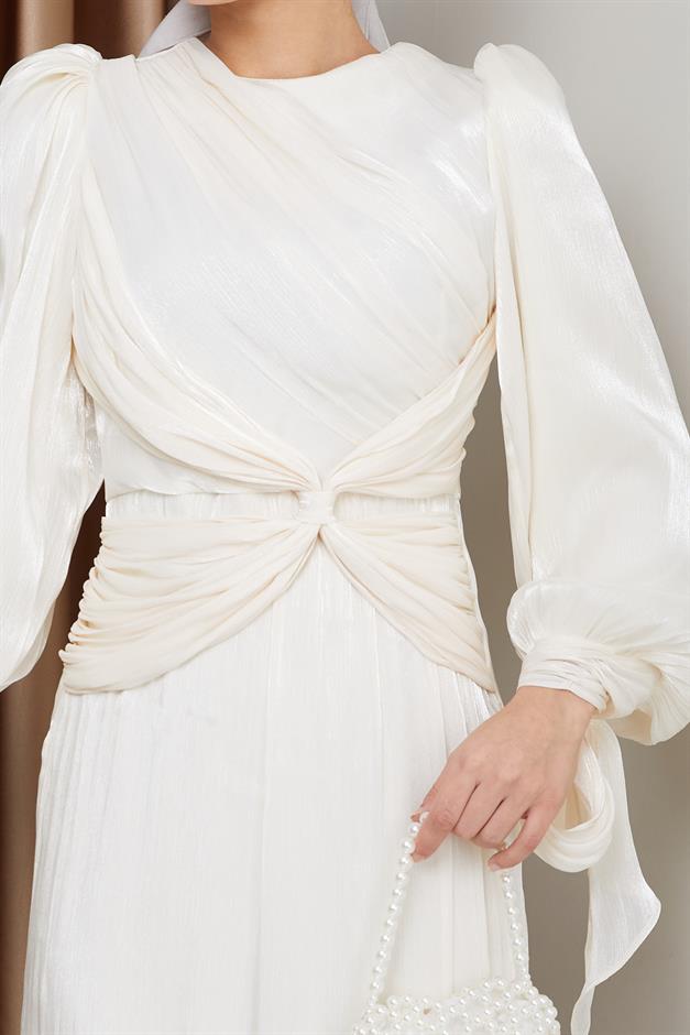 Yoryo Silk Hijab Evening Dress with Ruffle and Bow Detailed Armhole Tie IVORY 1224