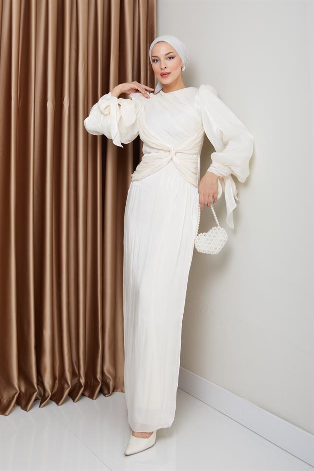 Yoryo Silk Hijab Evening Dress with Ruffle and Bow Detailed Armhole Tie IVORY 1224