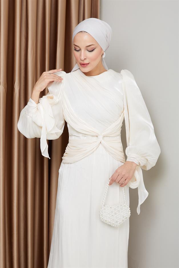 Yoryo Silk Hijab Evening Dress with Ruffle and Bow Detailed Armhole Tie IVORY 1224