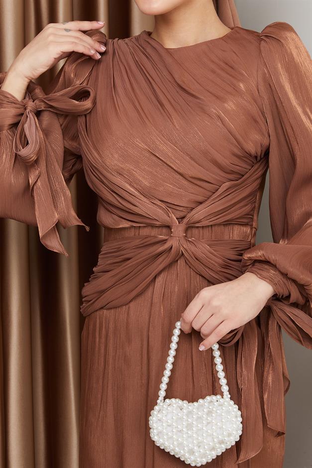 Yoryo Silk Hijab Evening Dress with Ruffle and Bow Detailed Armhole Tie CAMEL 1224