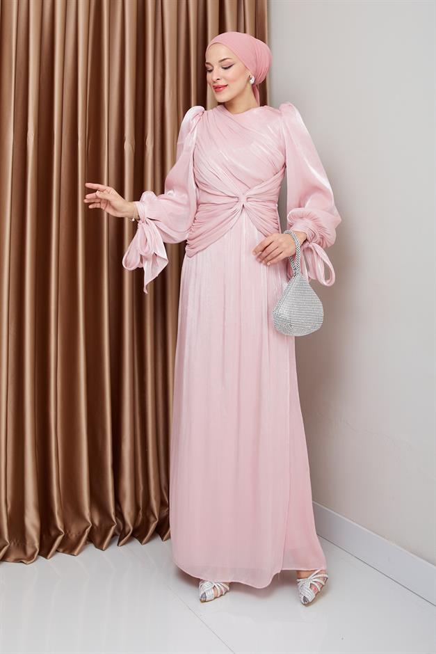 فستان سهرة حرير من يوريو للحجاب مع كشكشة وربطة عنق على شكل فتحة للذراع مسحوق 1224