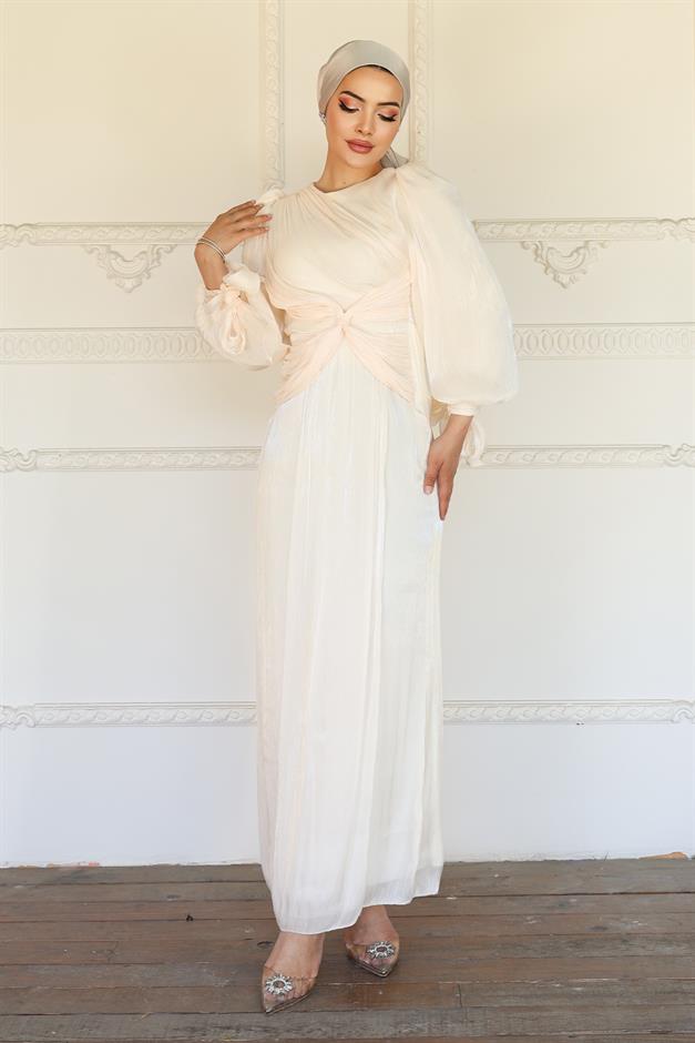 فستان سهرة حرير من يوريو للحجاب مع كشكشة وربطة عنق على شكل فتحة للذراع العاج 1224