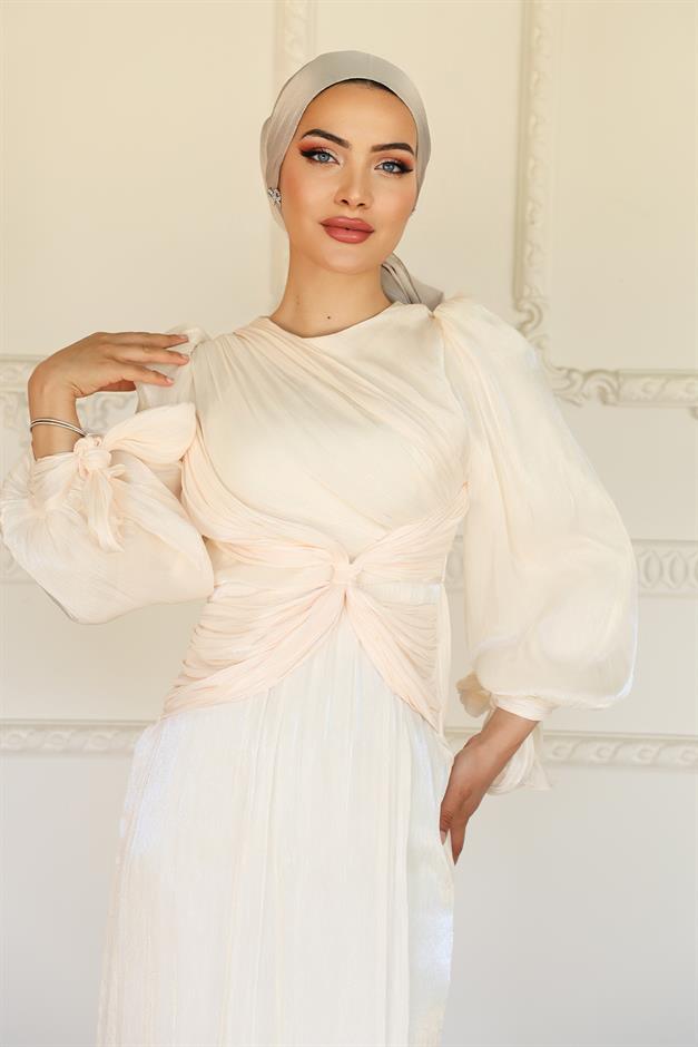 فستان سهرة حرير من يوريو للحجاب مع كشكشة وربطة عنق على شكل فتحة للذراع العاج 1224