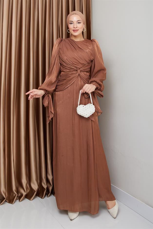 Yoryo Silk Hijab Evening Dress with Ruffle and Bow Detailed Armhole Tie CAMEL 1224