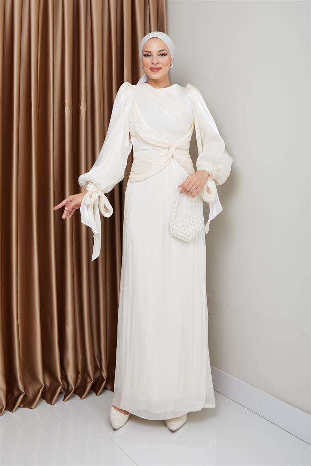 Yoryo Silk Hijab Evening Dress with Ruffle and Bow Detailed Armhole Tie IVORY 1224
