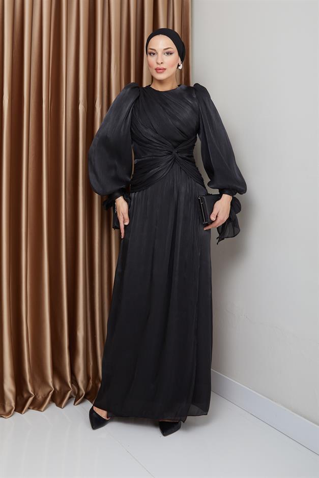 فستان سهرة حرير من يوريو للحجاب مع كشكشة وربطة عنق على شكل فتحة للذراع أسود 1224