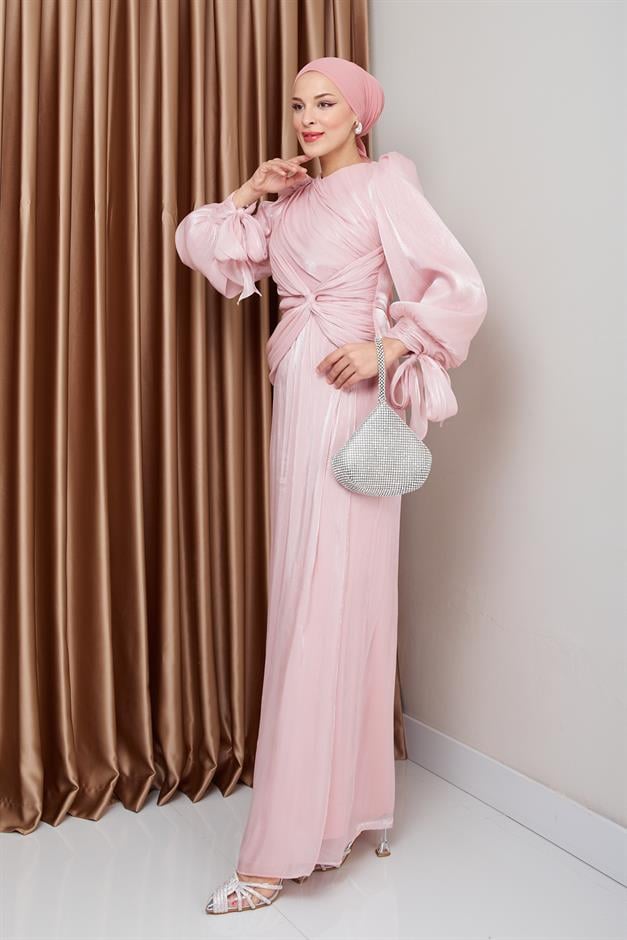 فستان سهرة حرير من يوريو للحجاب مع كشكشة وربطة عنق على شكل فتحة للذراع مسحوق 1224