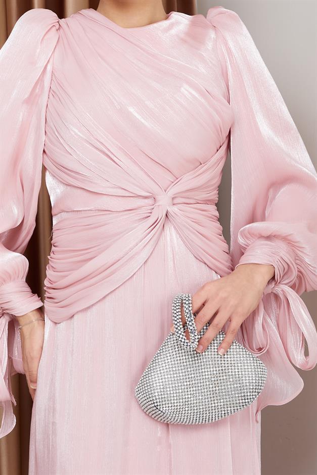 فستان سهرة حرير من يوريو للحجاب مع كشكشة وربطة عنق على شكل فتحة للذراع مسحوق 1224