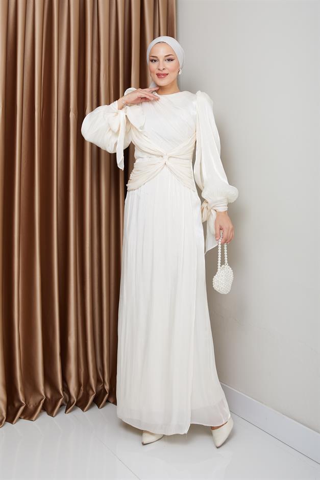 Yoryo Silk Hijab Evening Dress with Ruffle and Bow Detailed Armhole Tie IVORY 1224