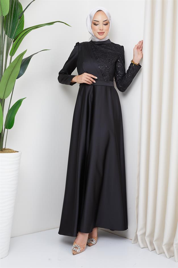 فستان سهرة ساتان مع تفاصيل الكشكشة والترتر أسود 1626