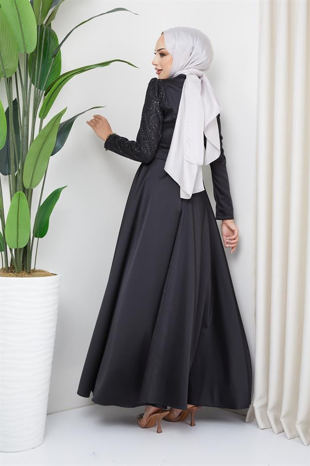 فستان سهرة ساتان مع تفاصيل الكشكشة والترتر أسود 1626