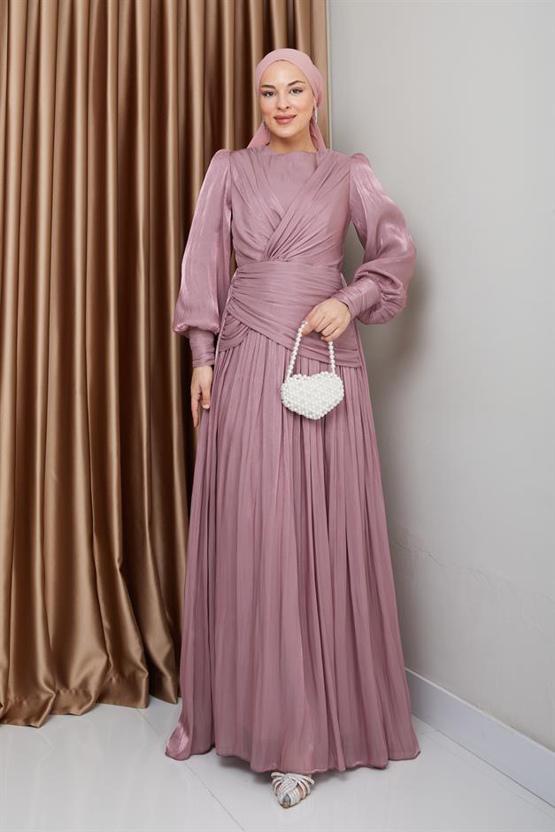 Crystal Chiffon Hijab Evening Dress with Flounce and Pleat Details ROSE 1230